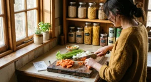 A warm, sunlit kitchen scene with a person chopping fresh vegetables on a wooden cutting board near an organized pantry.