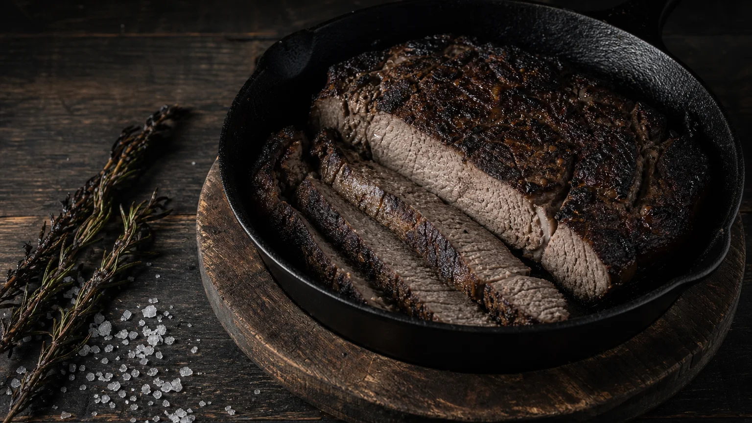 Sliced well-done steak in a cast-iron skillet, resting on a dark wooden board beside salt and rosemary sprigs.