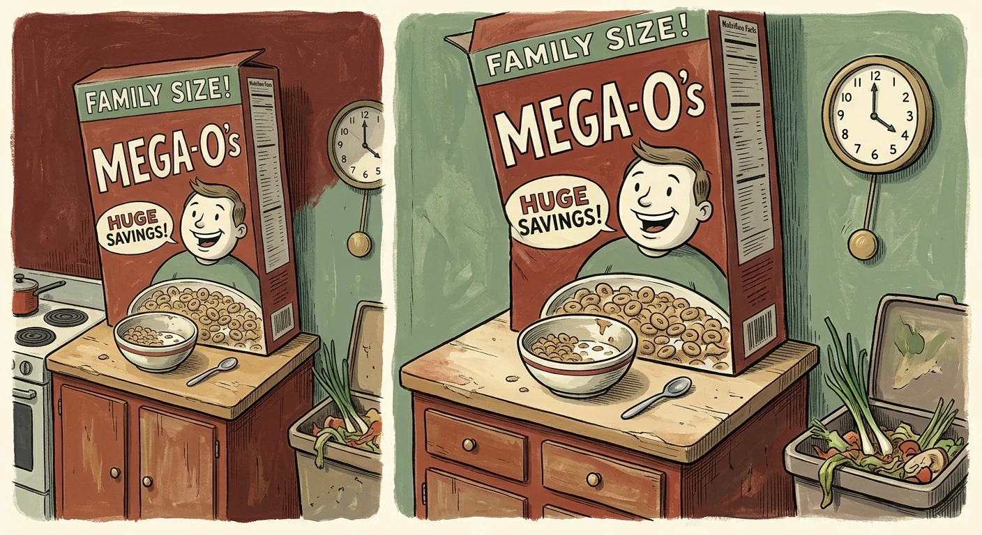 A whimsical gouache illustration showing a giant box of bulk cereal next to a small, stale bowl, representing the waste of bulk buying.