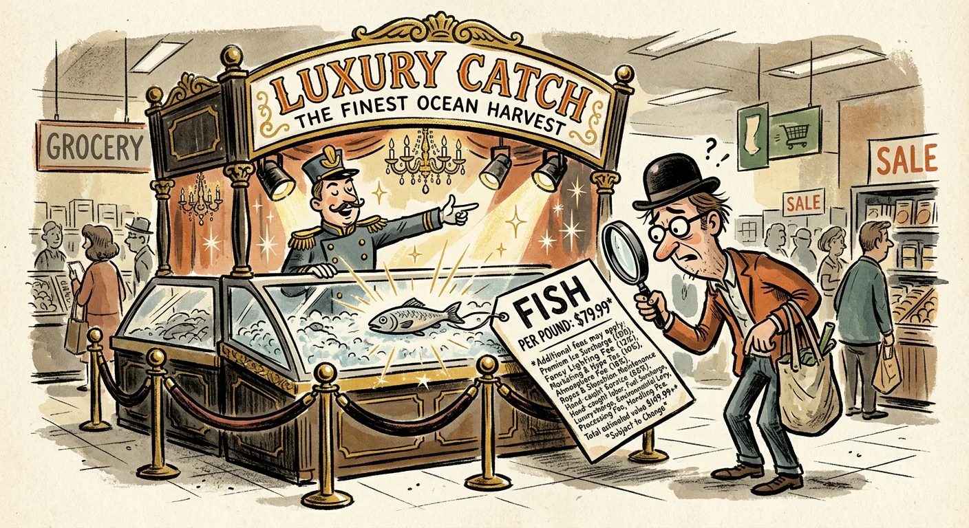 A whimsical illustration of a shopper inspecting a theatrical, overpriced seafood counter with a magnifying glass.