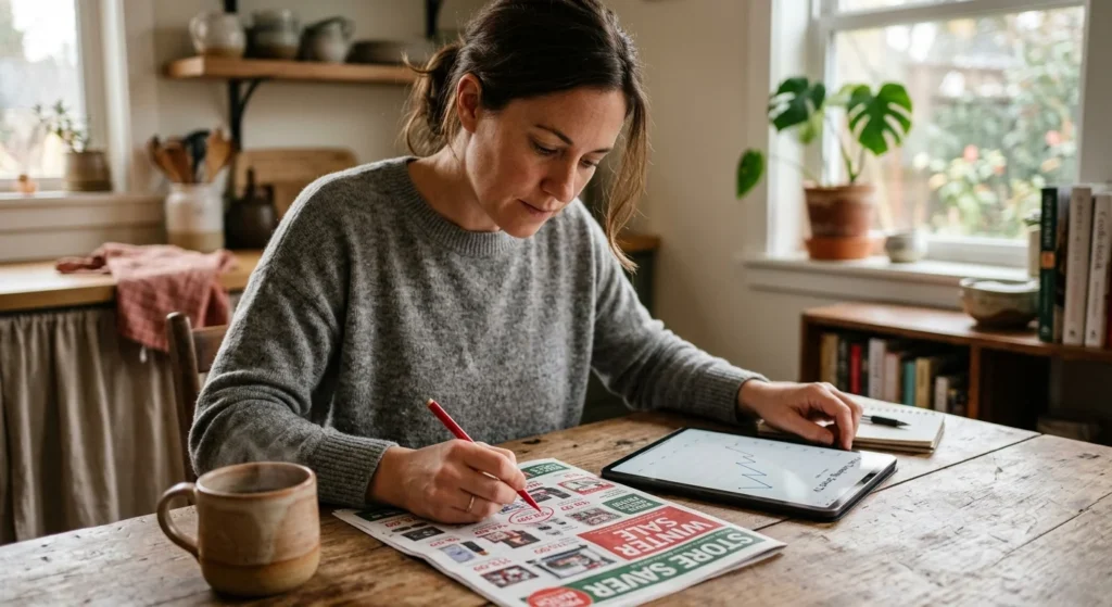 A woman at her kitchen table carefully analyzing retail flyers with a pen and tablet, looking for genuine deals.