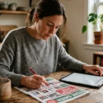 A woman at her kitchen table carefully analyzing retail flyers with a pen and tablet, looking for genuine deals.