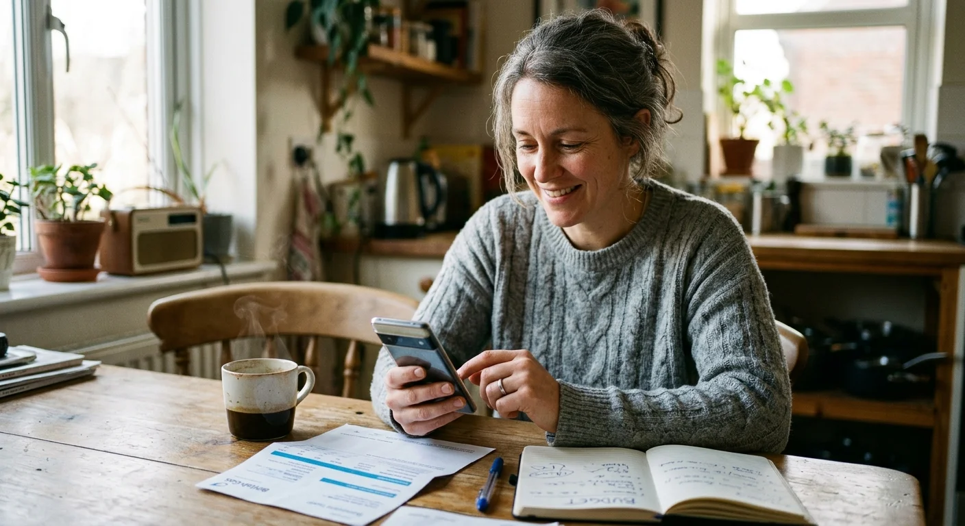 A woman in a cozy sweater sitting at a kitchen table, looking at her phone as she cancels an unwanted subscription box.