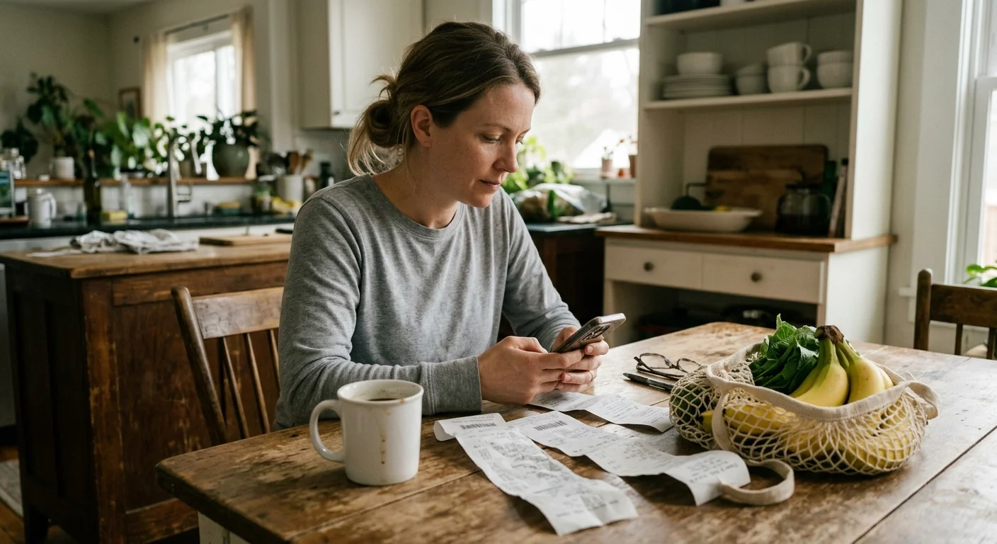 A woman looks at a grocery rewards app on her phone at a kitchen table surrounded by receipts and fresh produce in natural morning light.