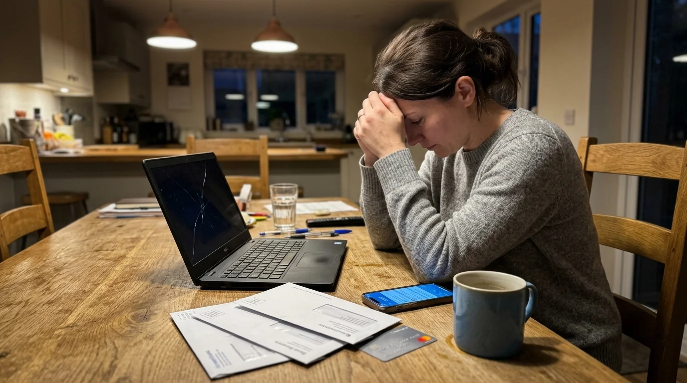 A woman looks down in frustration at a broken laptop and bills on her kitchen table under warm pendant light.