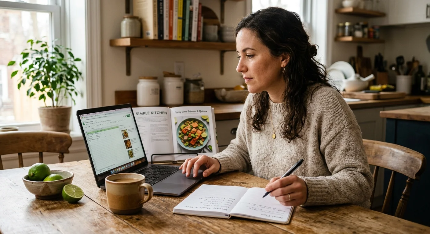 A woman planning meals at a wooden kitchen table with her laptop, a notebook, and a cup of coffee in warm morning light.