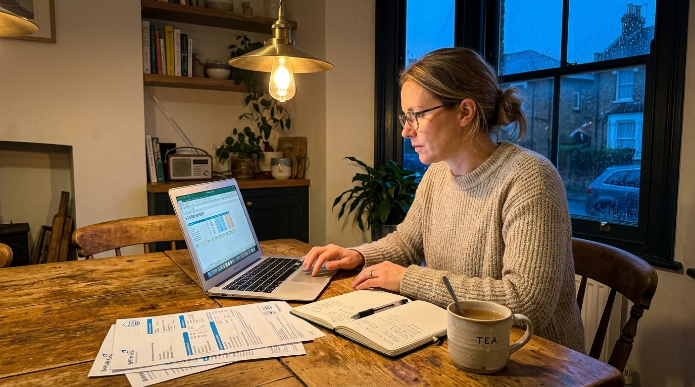 A woman sitting at a warm wooden kitchen table at dusk, reviewing utility bills with her laptop and a mug of tea.