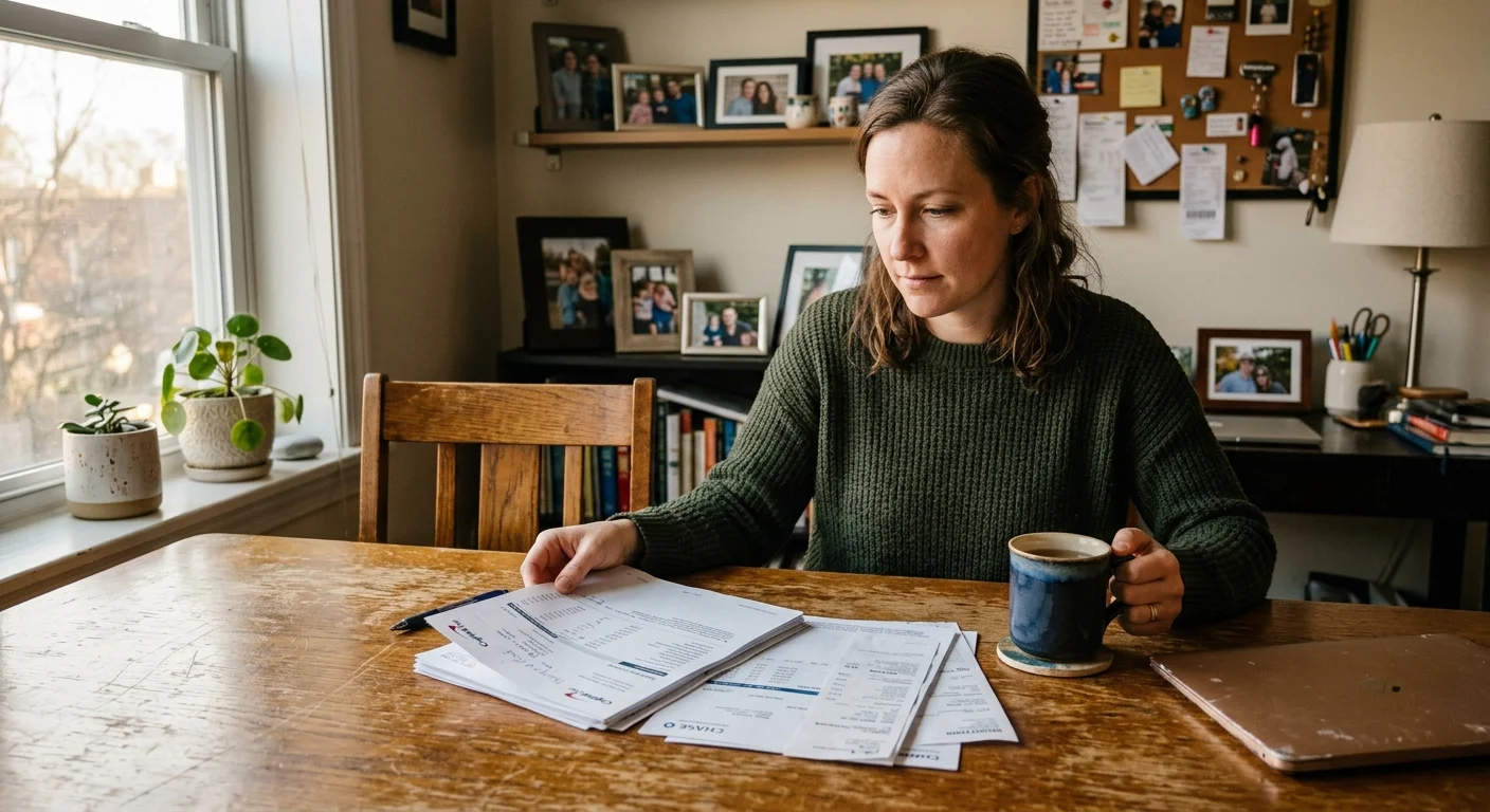 A woman sitting at a wooden dining table reviewing paper credit card statements under natural window light.
