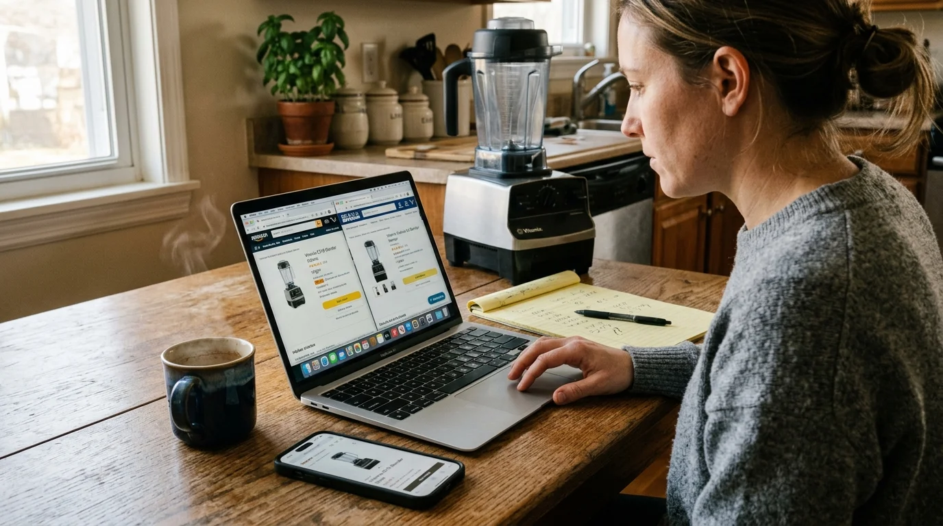 A woman sitting at a wooden kitchen table, comparing online prices for a blender on her laptop and smartphone.