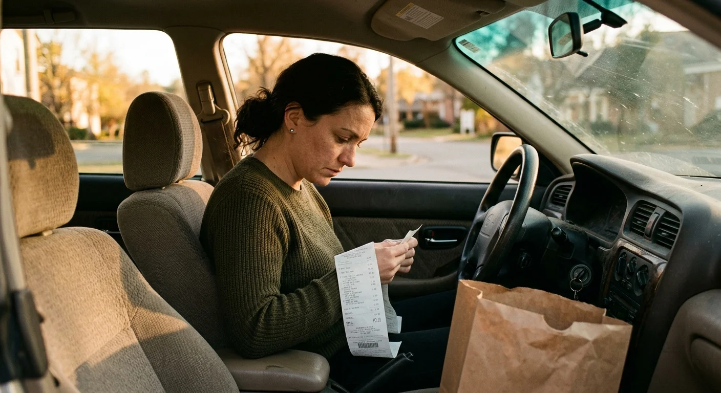 A woman sitting in her car looking disappointed at a long receipt, capturing the frustration of a failed price match.