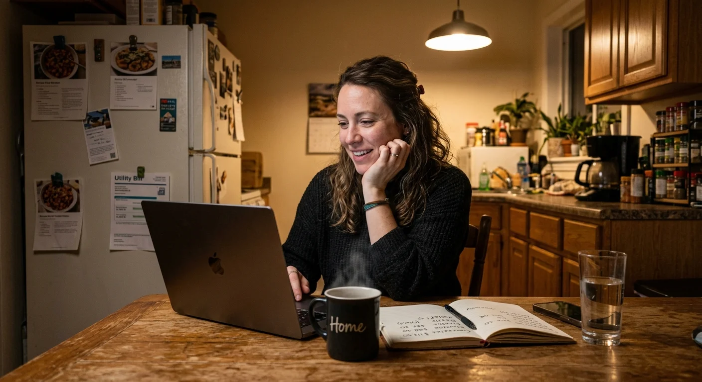 A woman smiling with relief at her laptop at her kitchen table at night, with a mug of tea and a handwritten budget notebook nearby.