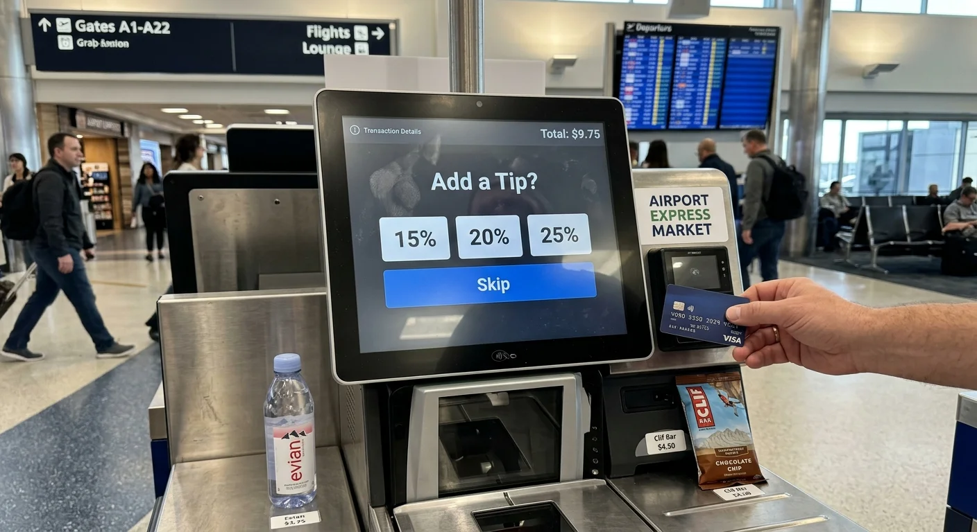 Hand holding a credit card at an airport market self-checkout kiosk screen prompting to add a 15% to 25% tip.