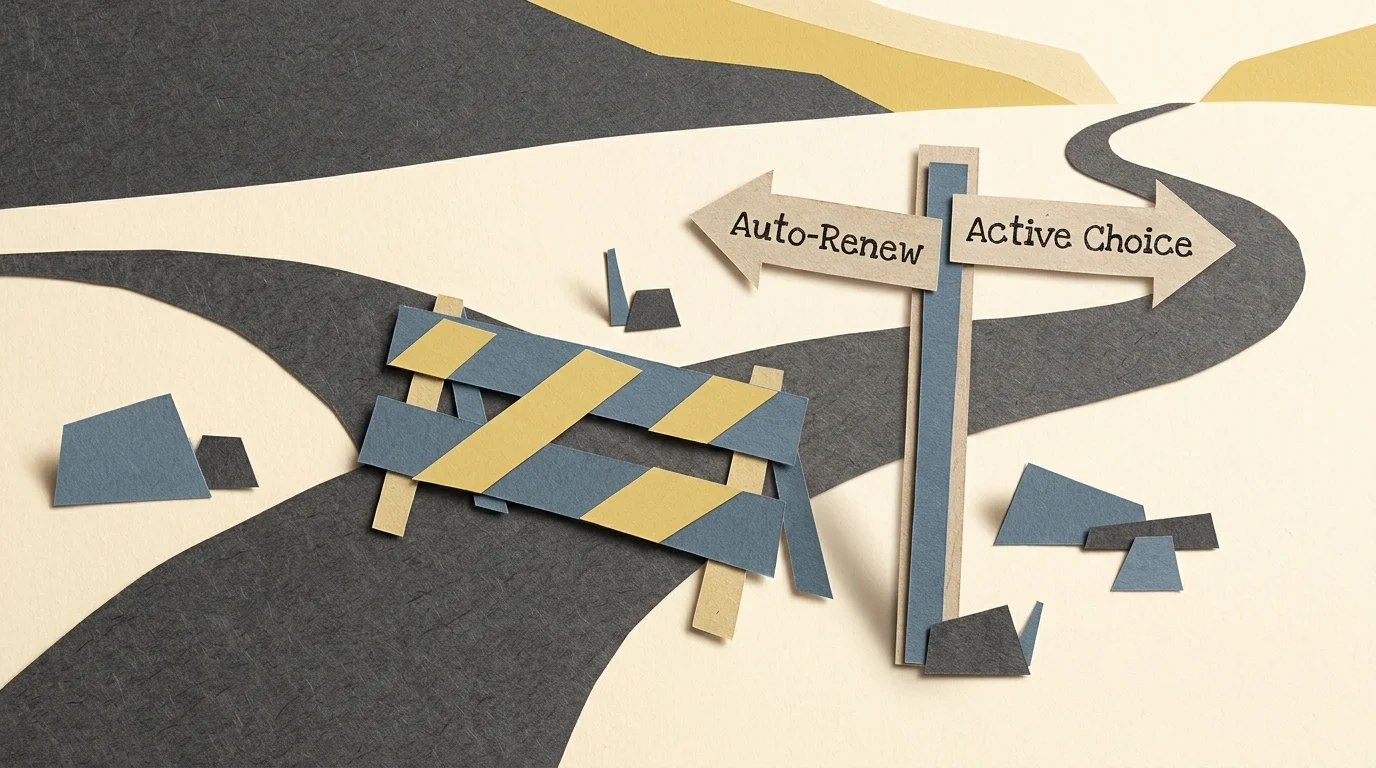 An abstract cut-paper collage of a winding path with a signpost pointing toward Auto-Renew and Active Choice.