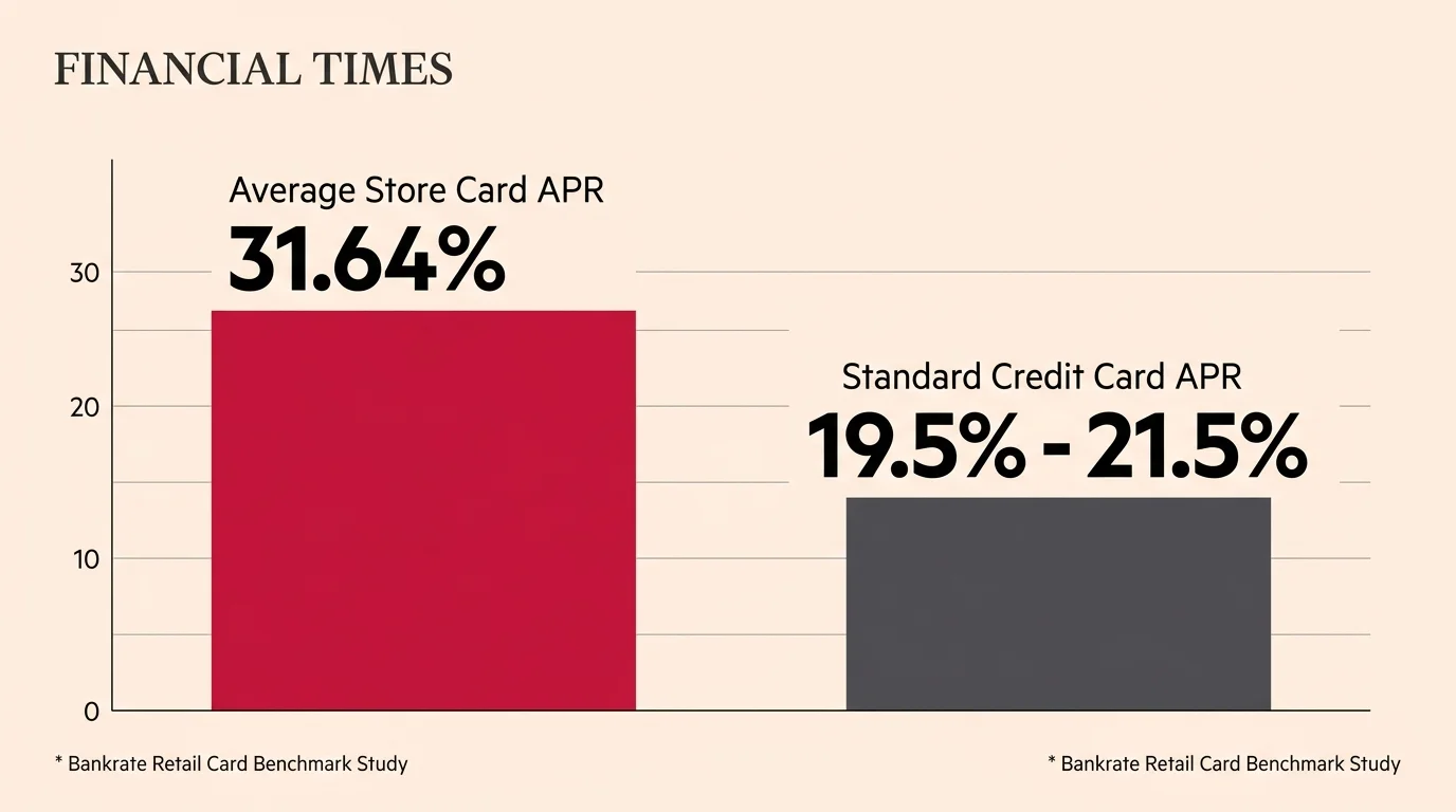 An editorial bar chart comparing the high 31.64% average store card APR with standard card rates of 19.5% to 21.5%.