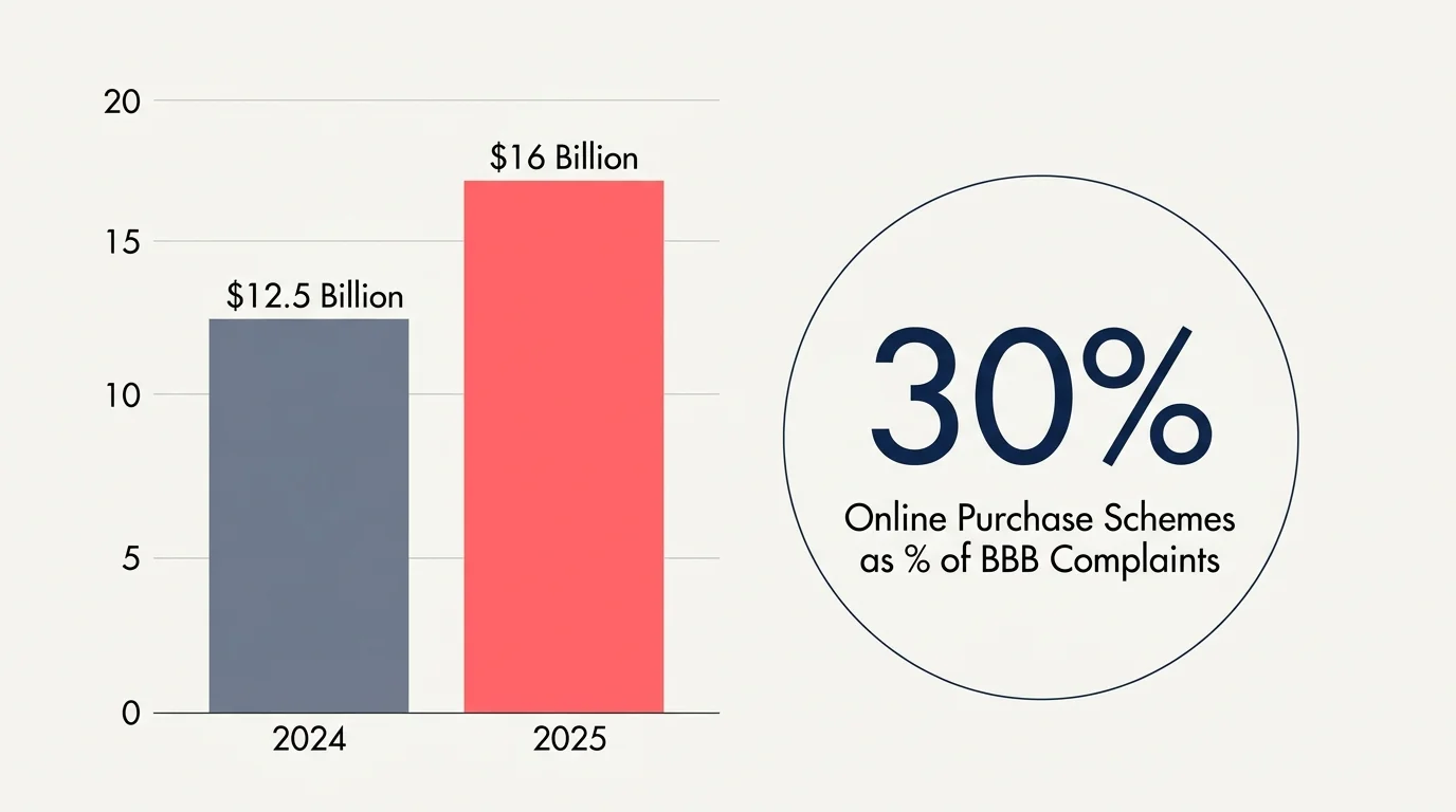 An editorial column chart showing consumer fraud losses rising from 12.5 billion in 2024 to 16 billion in 2025.