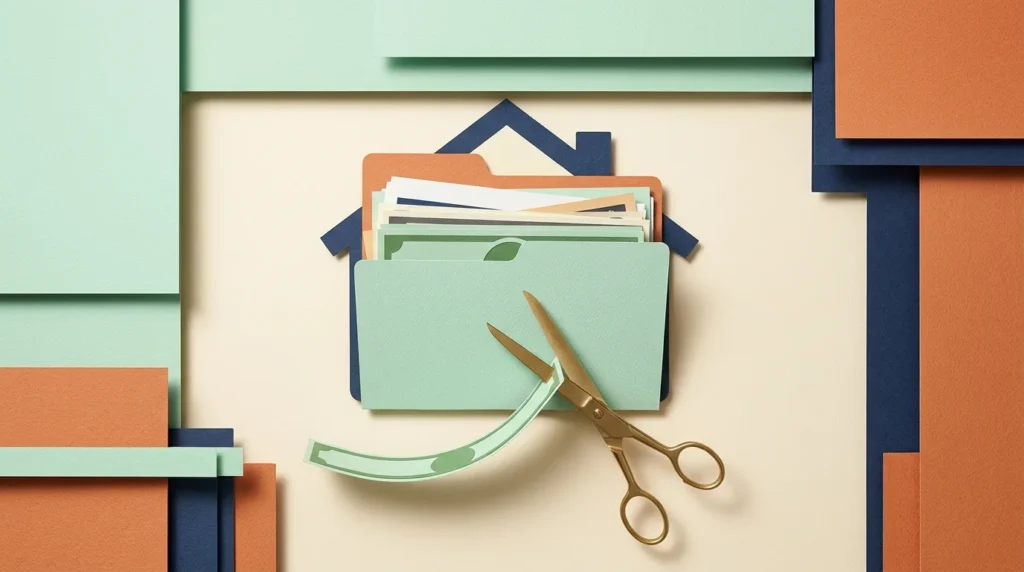 An editorial cut-paper collage showing a stack of household bills with a strip of currency being quietly sliced away by brass scissors.