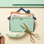 An editorial cut-paper collage showing a stack of household bills with a strip of currency being quietly sliced away by brass scissors.