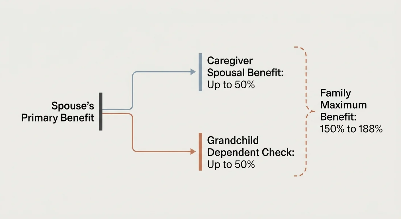 An editorial diagram showing the breakdown of spousal benefits (up to 50%) and grandchild checks (up to 50%) under the Family Maximum Benefi