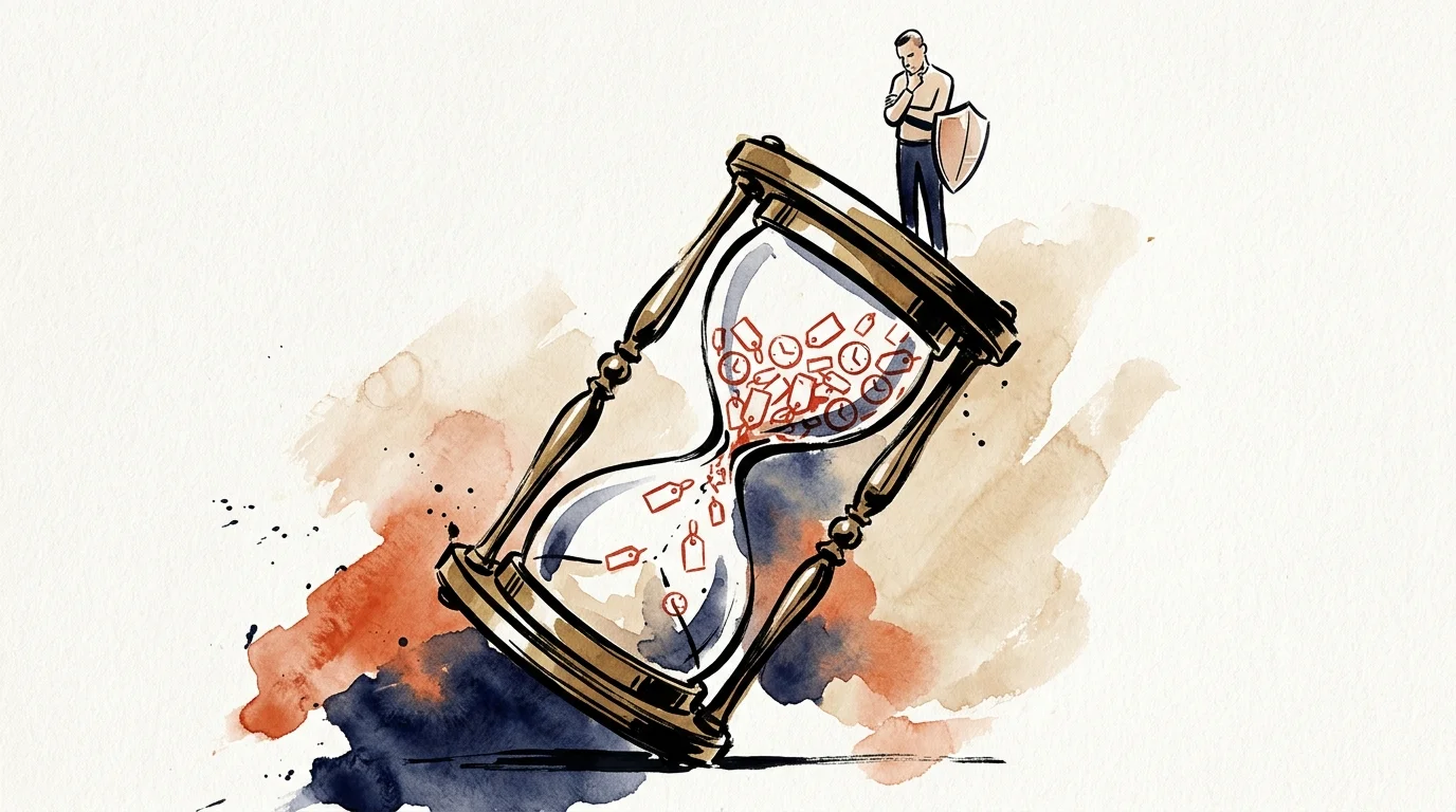 An editorial illustration of a person standing calmly atop a giant hourglass filled with falling price tags.