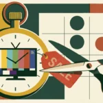 An editorial illustration of a pocket watch with a television face and shears cutting a red price tag.