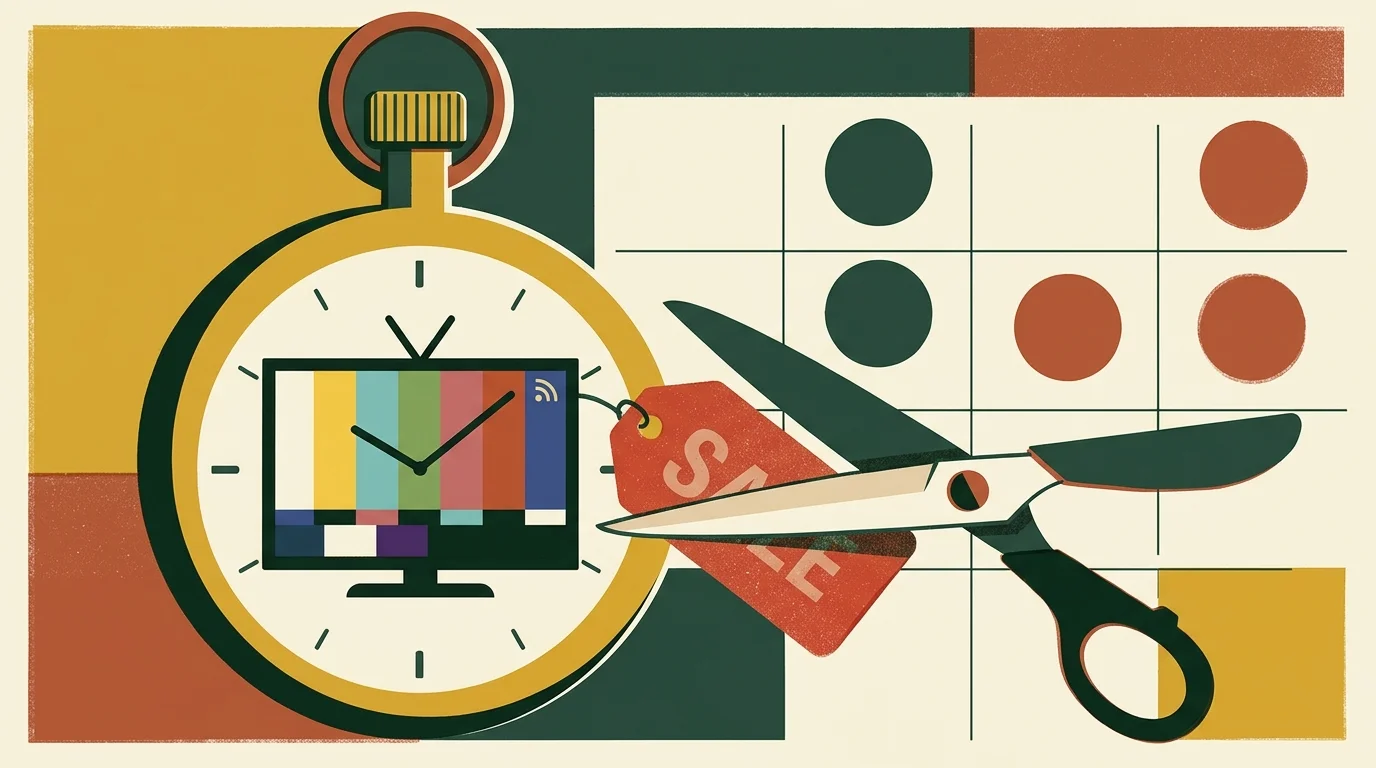 An editorial illustration of a pocket watch with a television face and shears cutting a red price tag.
