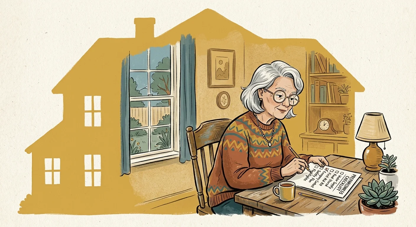 An editorial illustration of a woman calmly reviewing an emergency checklist inside a warm, protective home silhouette.