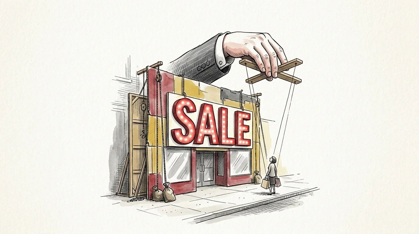 An editorial illustration showing a retail storefront as a theatrical stage set with ropes, representing engineered consumer urgency.