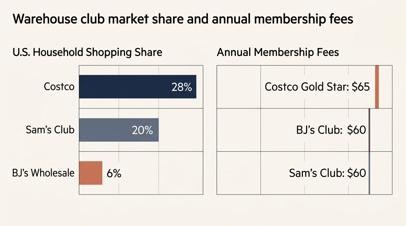 An editorial infographic comparing warehouse club market shares and their respective annual membership fees in a clean bar chart.