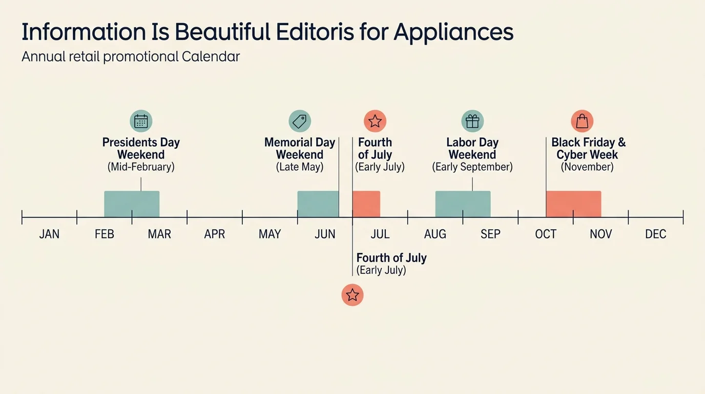 An editorial timeline diagram showing the best months to buy appliances, highlighting Presidents Day, Memorial Day, July 4th, Labor Day, and