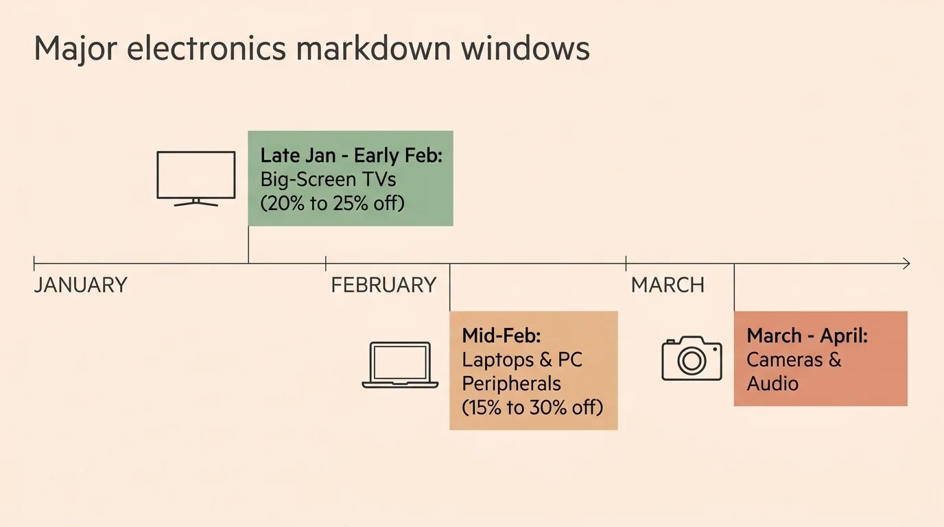 An editorial timeline infographic showing January, February, and March discount windows for TVs, laptops, and cameras.