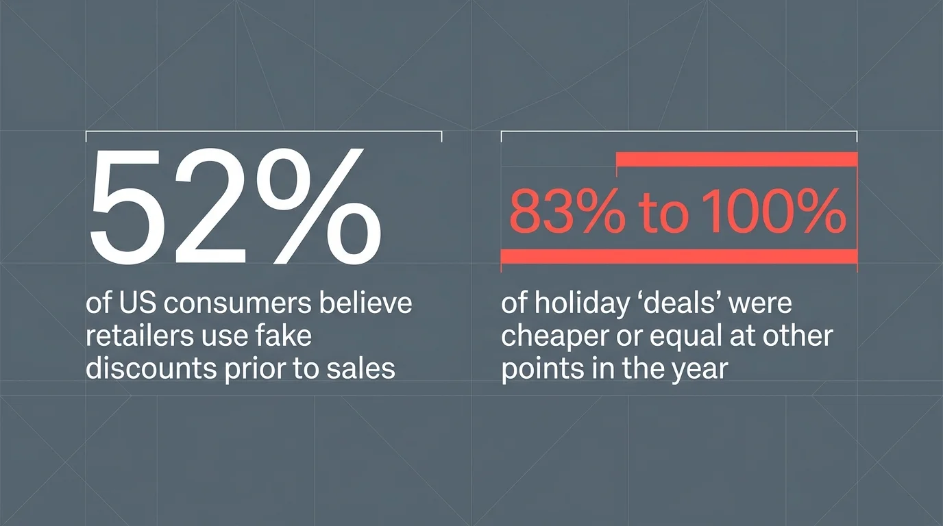 An elegant data infographic showing that 52% of consumers suspect fake discounts and 83% to 100% of deals are cheaper during the year.