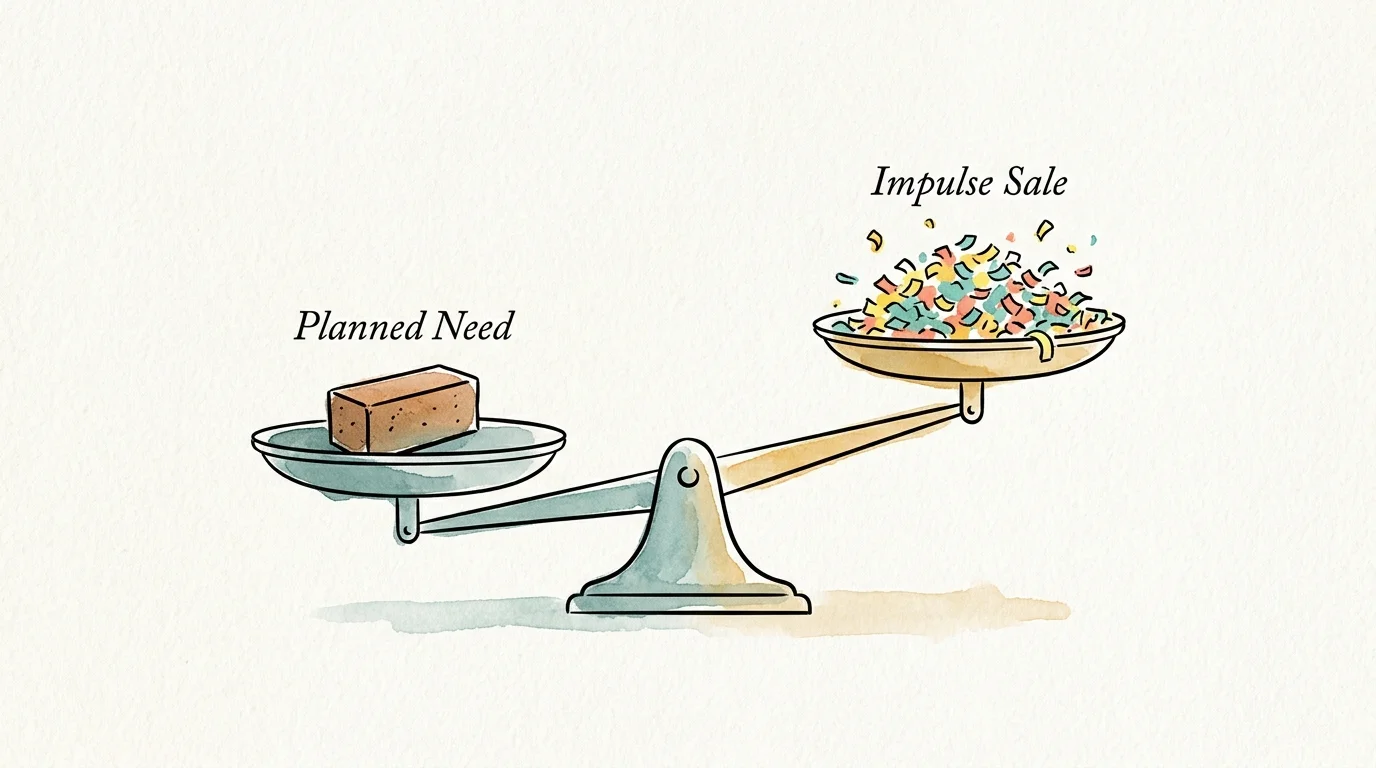 An elegant watercolor and ink editorial illustration of a balance scale showing planned needs outweighing impulse sales.