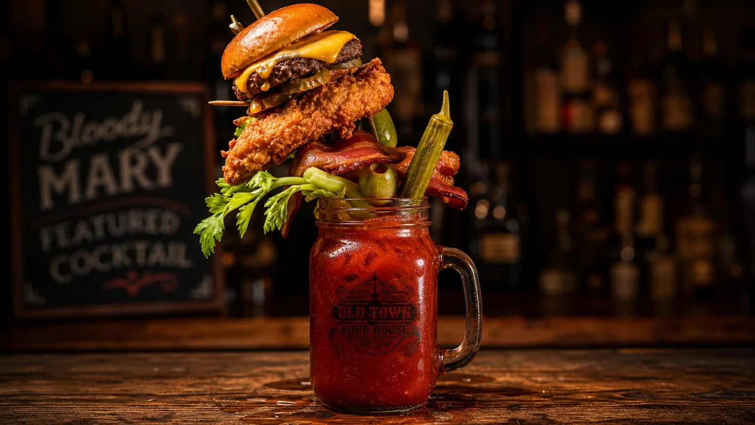 Mason jar Bloody Mary garnished with a cheeseburger slider, fried chicken, bacon strips, okra, olives, and celery.