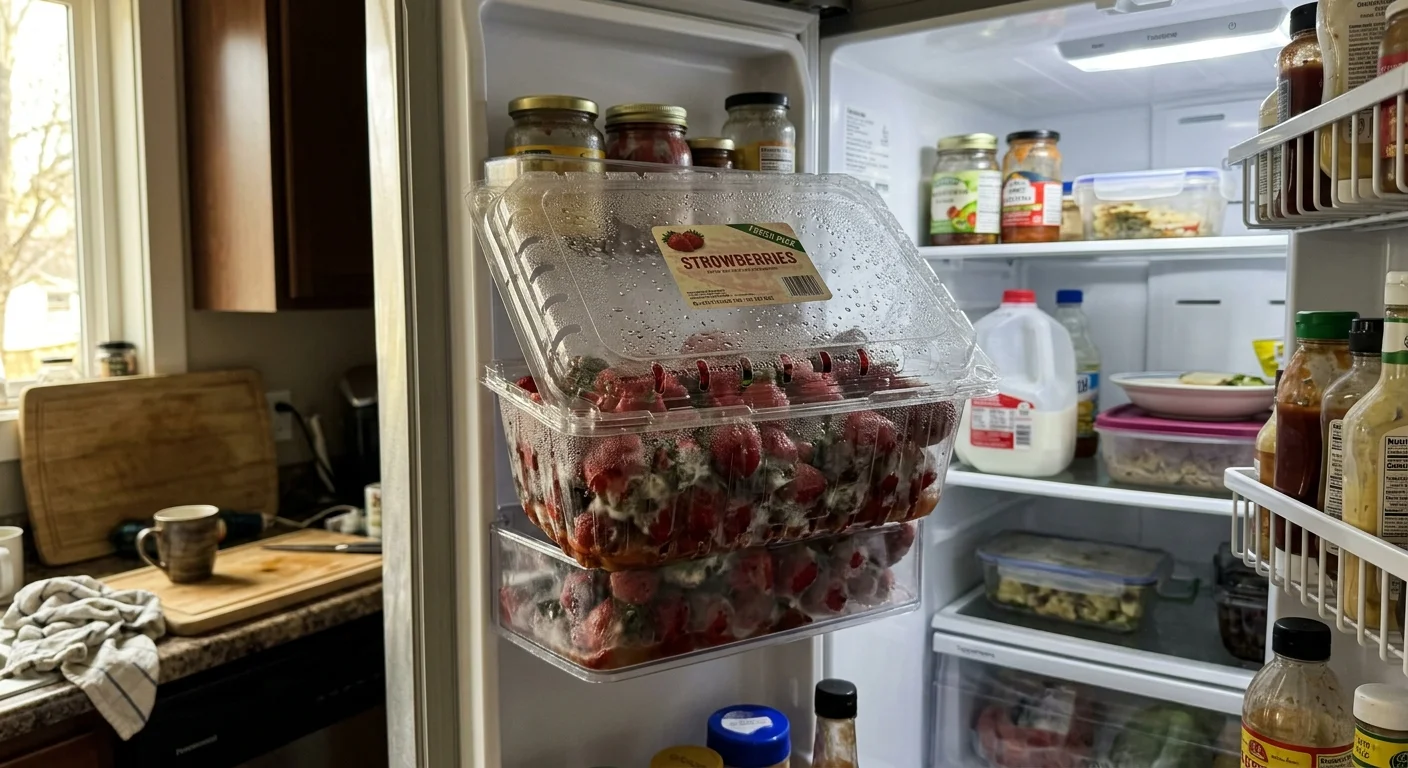 An honest, real-life photo of an oversized plastic container of spoiled strawberries sitting forgotten on a refrigerator shelf.
