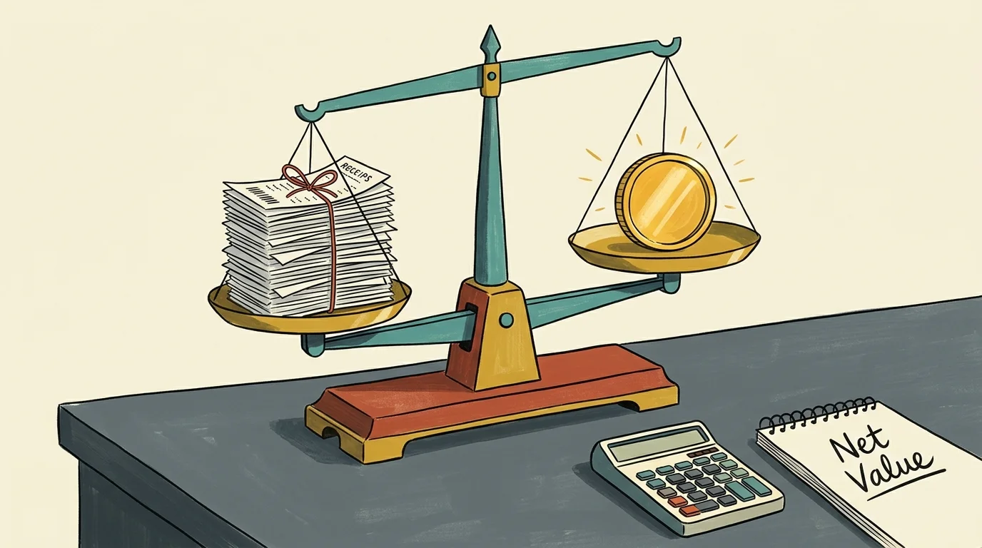An illustration of a balance scale with a stack of receipts on one side and a single gold coin on the other, symbolizing card value.