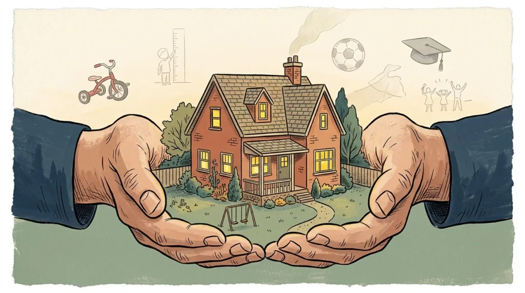 An illustration of a charming family home cradled by giant hands with nostalgic line-art memories floating in the sky.