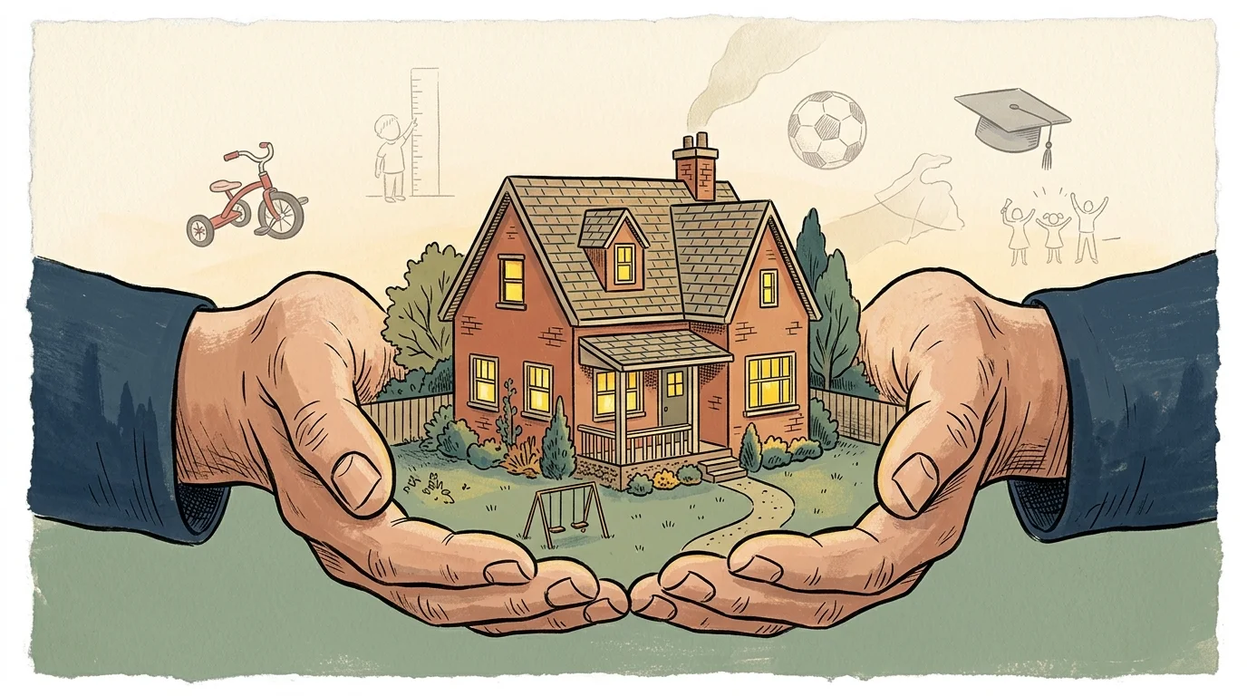 An illustration of a charming family home cradled by giant hands with nostalgic line-art memories floating in the sky.