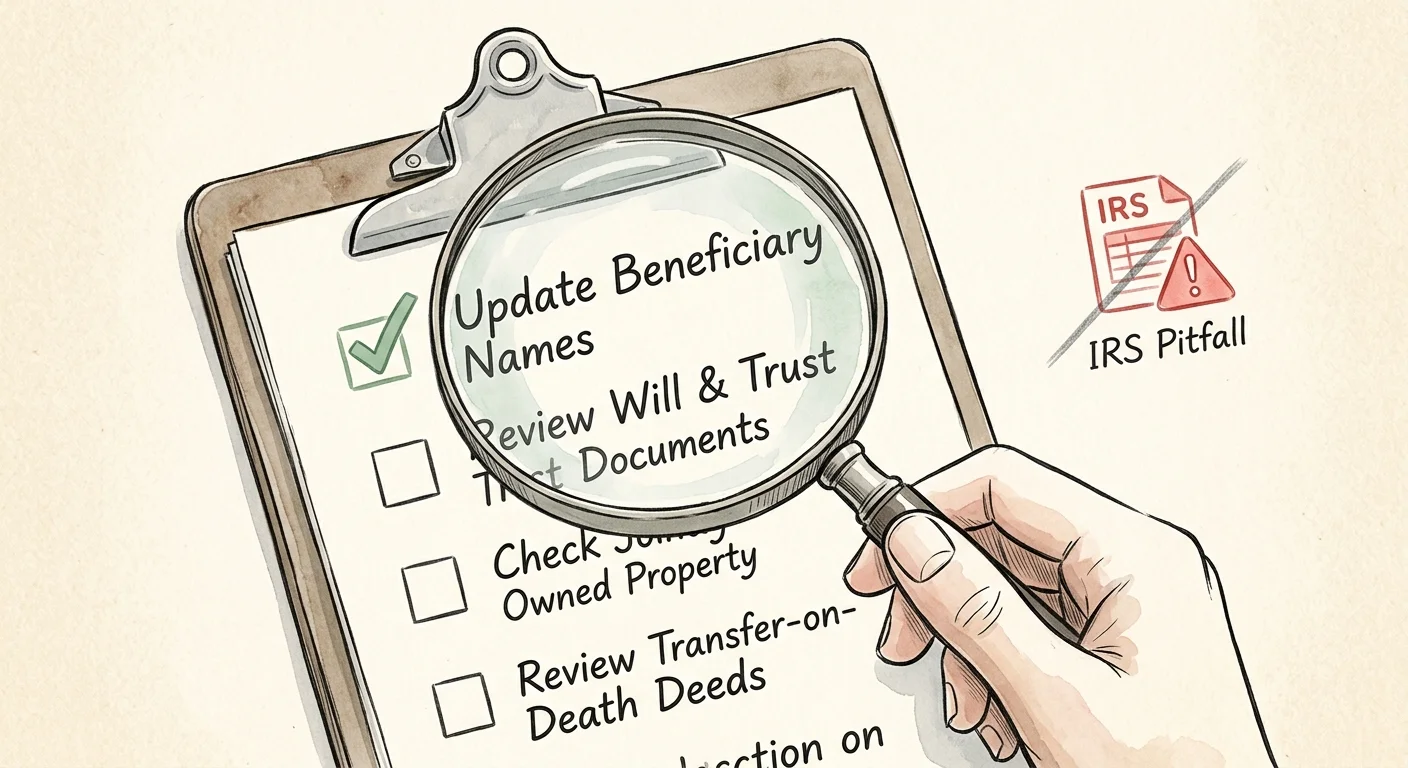 An illustration of a checklist under a magnifying glass, with a green checkmark on Update Beneficiary Names.