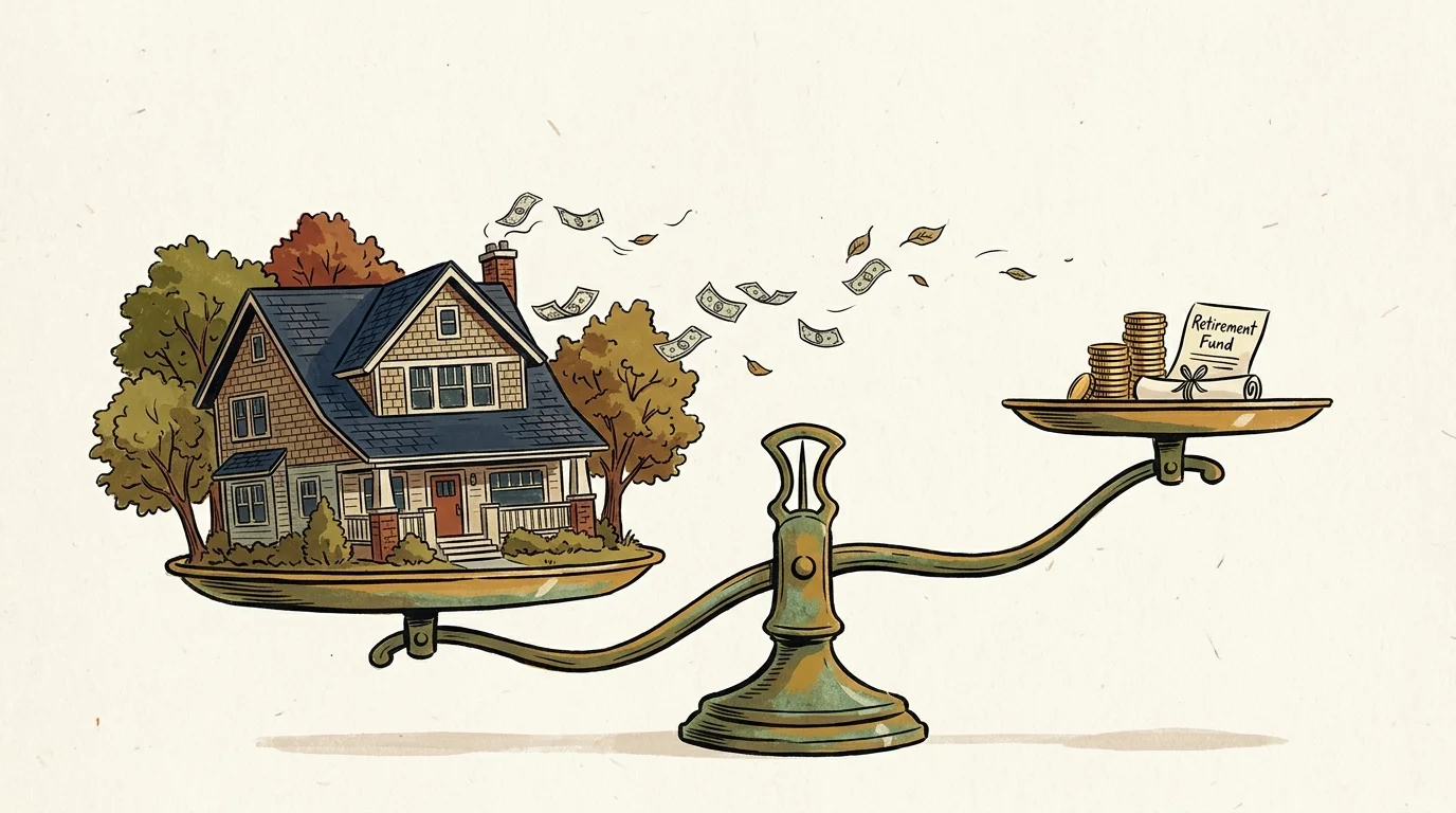 An illustration of a house tilting a balance scale downward, away from a smaller stack of gold coins, symbolizing high carrying costs.