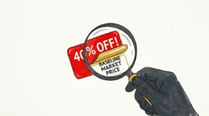 An illustration of a magnifying glass peeling back a red 40% discount sticker to reveal the words Baseline Market Price underneath.