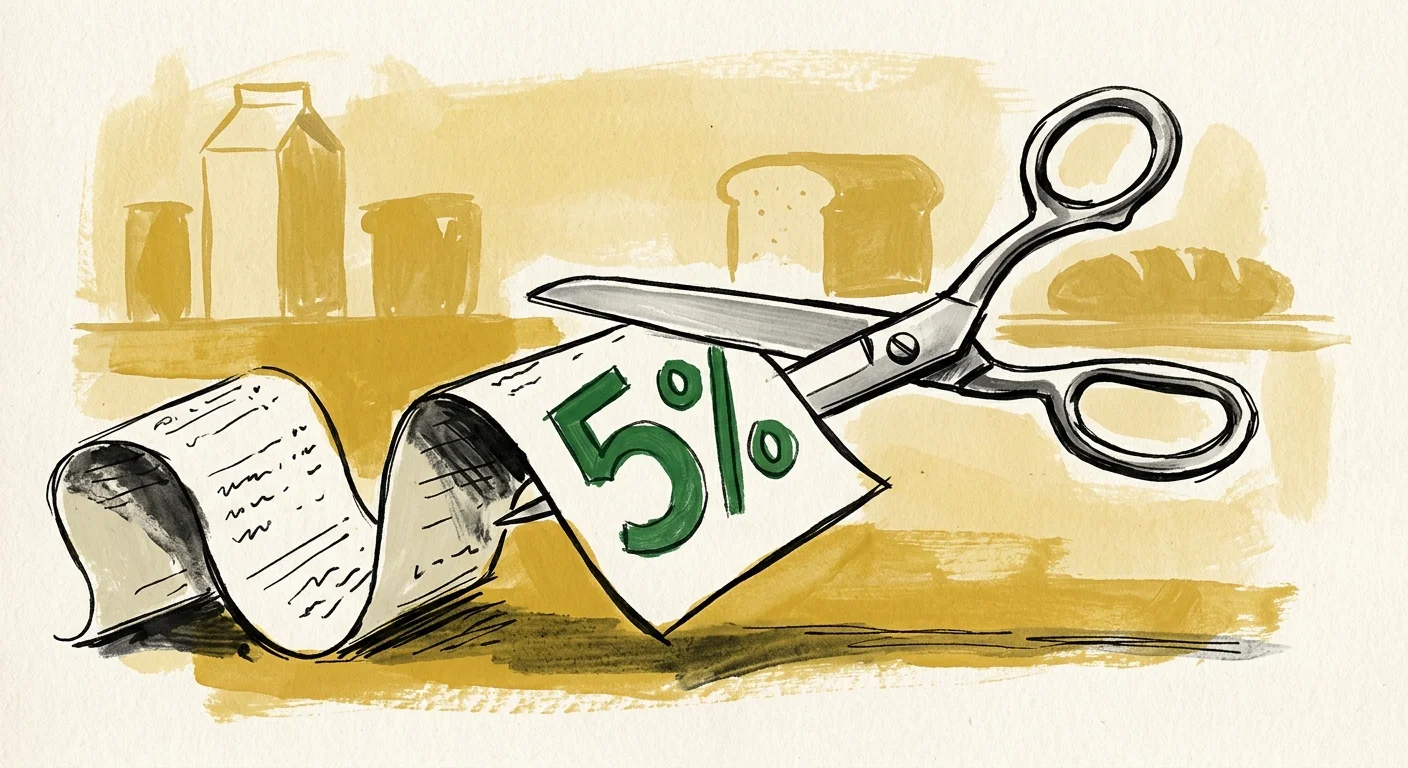 An illustration of silver scissors cutting a five-percent symbol off a long grocery receipt, using textured green and yellow paint.
