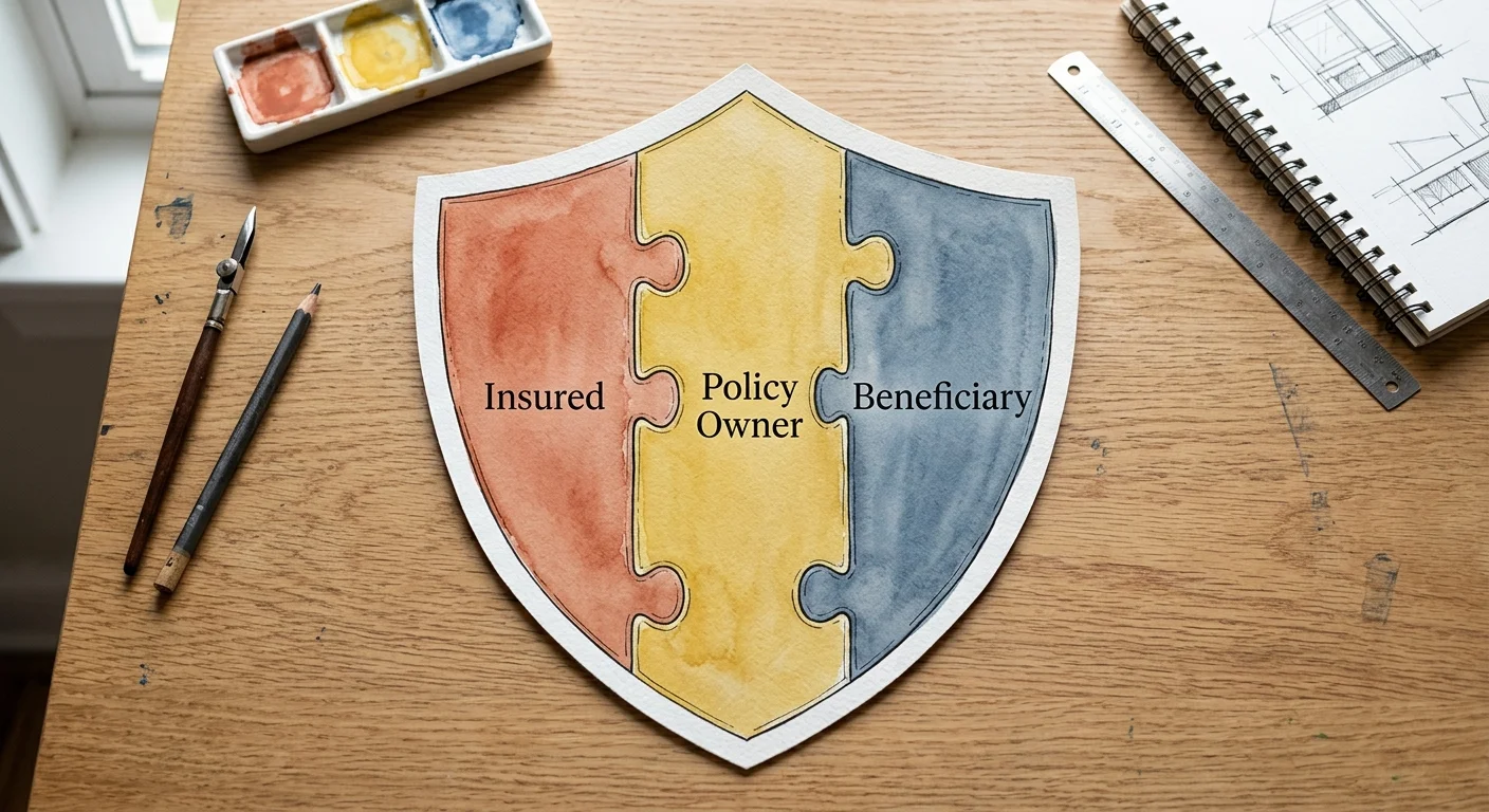 An illustration of three puzzle pieces labeled Insured, Policy Owner, and Beneficiary fitting together to form a shield.