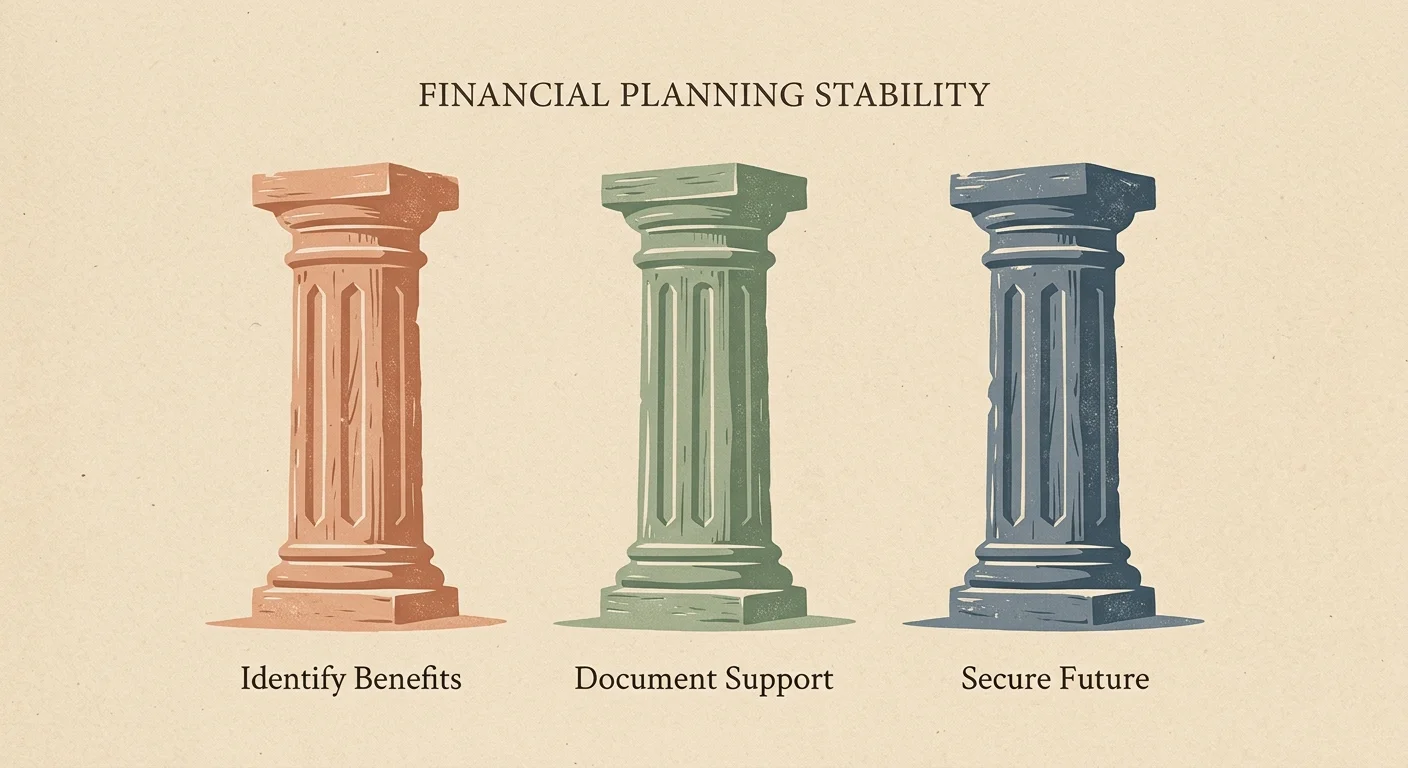 An illustration of three simple, colored columns labeled 'Identify Benefits', 'Document Support', and 'Secure Future'.