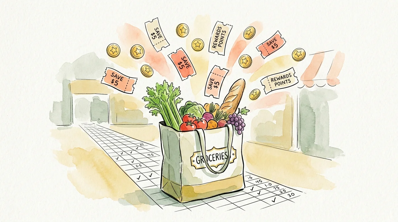 An ink and watercolor illustration of a canvas grocery bag filled with fresh produce and surrounded by glowing reward coins and coupons.