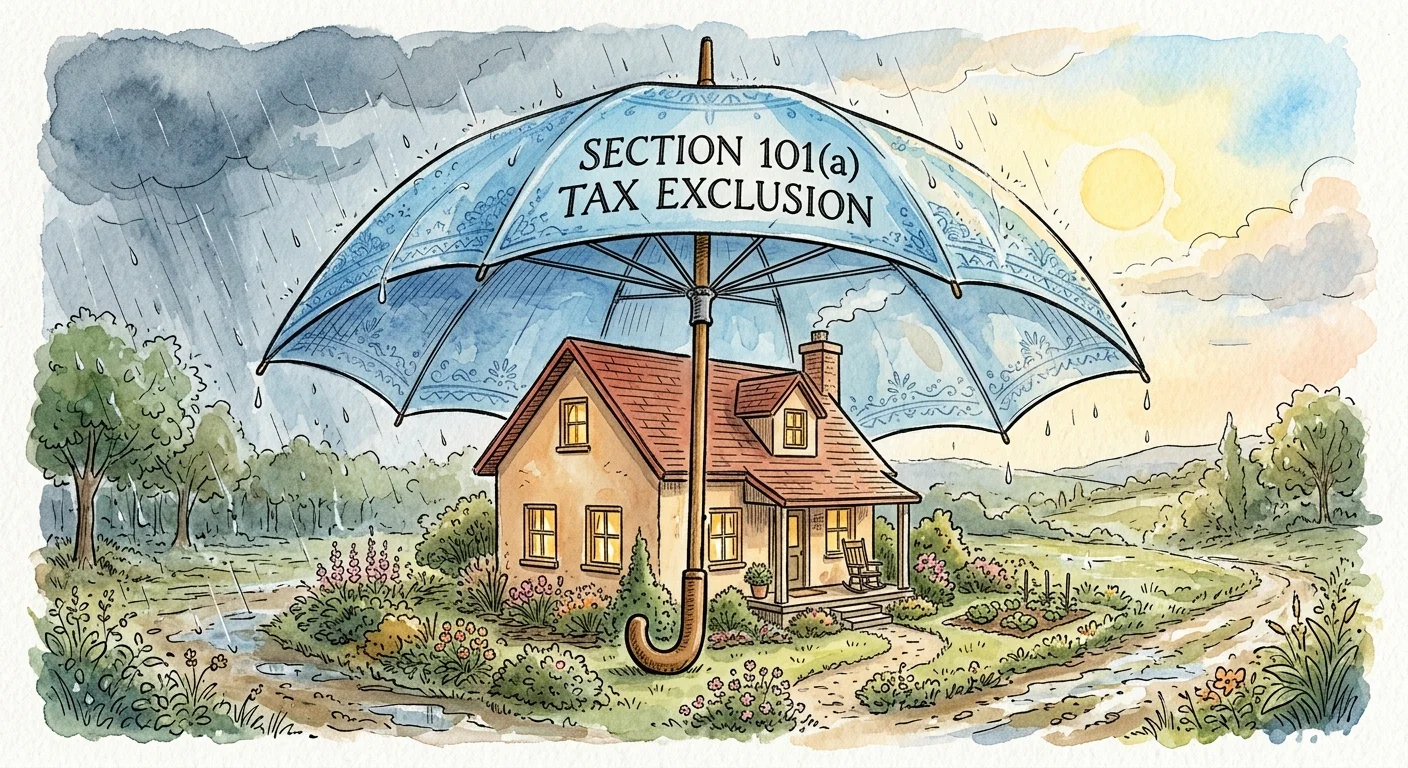 An ink and watercolor illustration of a house sheltered under a large umbrella labeled Section 101(a) Tax Exclusion.