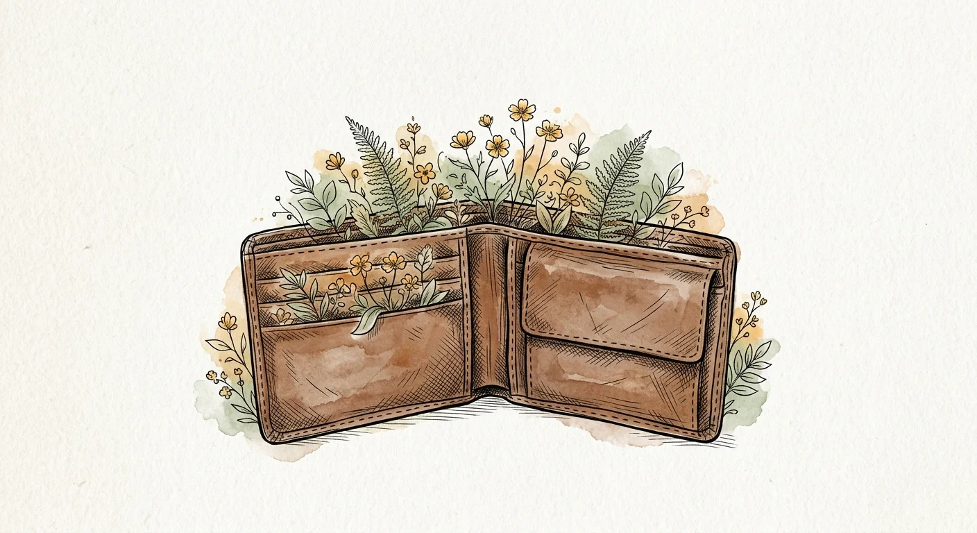 An ink and watercolor illustration of a leather wallet with delicate green plants and golden wildflowers growing from its pockets.