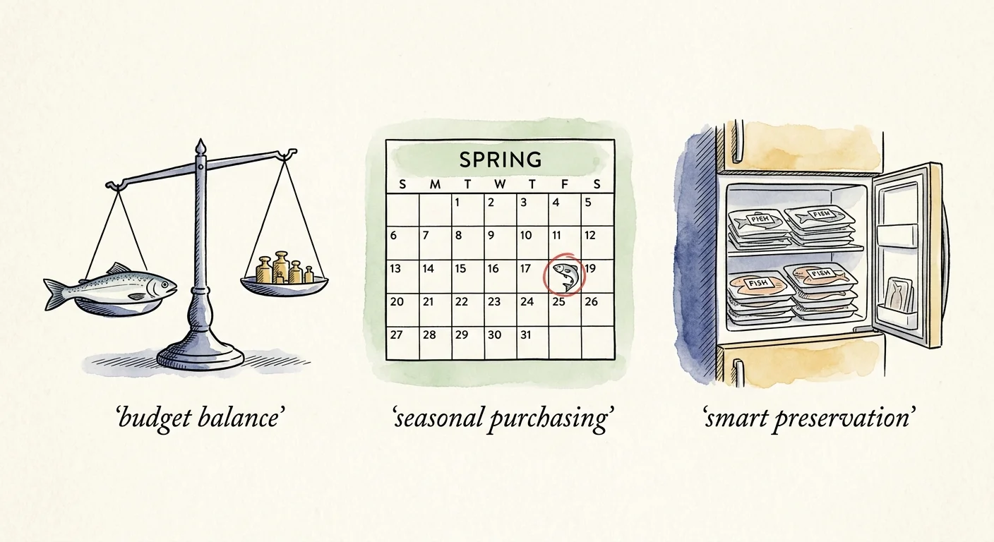 An ink and watercolor illustration showing a balance scale, a marked calendar, and an organized home freezer.