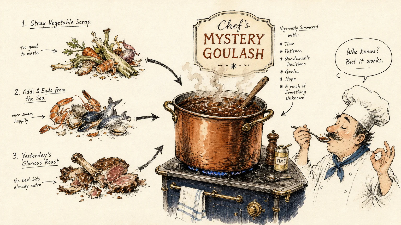 Illustration of a chef tasting a simmering pot labeled Chef's Mystery Goulash made from food scraps and leftover meats.