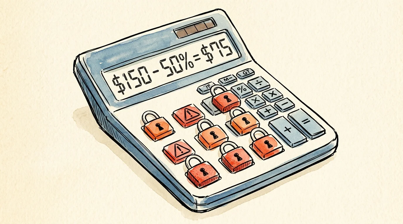 An ink illustration of a retro calculator showing a discount calculation with key pads shaped like small warning locks.