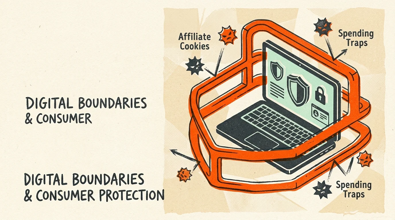 An isometric risograph illustration of a laptop protected by a bright orange guardrail that blocks abstract spiked cookie shapes.